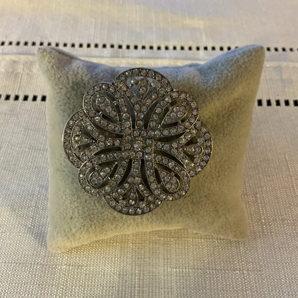Clear Rhinestone Floral Inspired Silver Tone Brooch